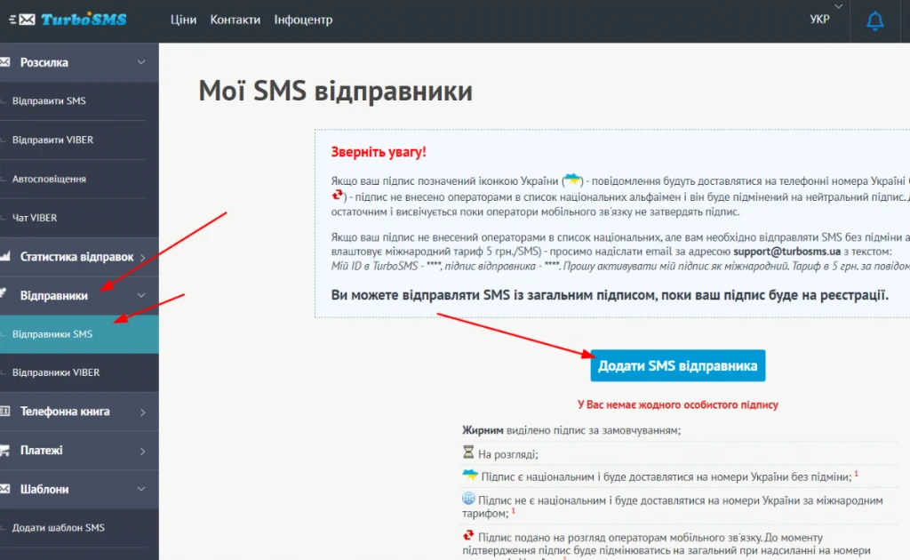 Добавить SMS отправителя