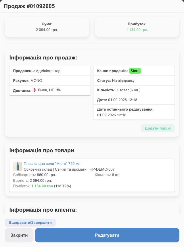 Картка продажу